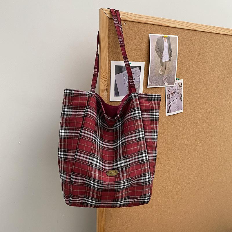 Casual relaxation large-capacity bag women's 2025 new autumn and winter canvas plaid shoulder bag double-sided tote bag
