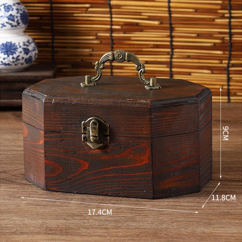 Vintage Wooden Jewelry Box Octagonal Design Storage Container with Lid and Handle Gift Box Snacks Dried Fruits for Home Decors