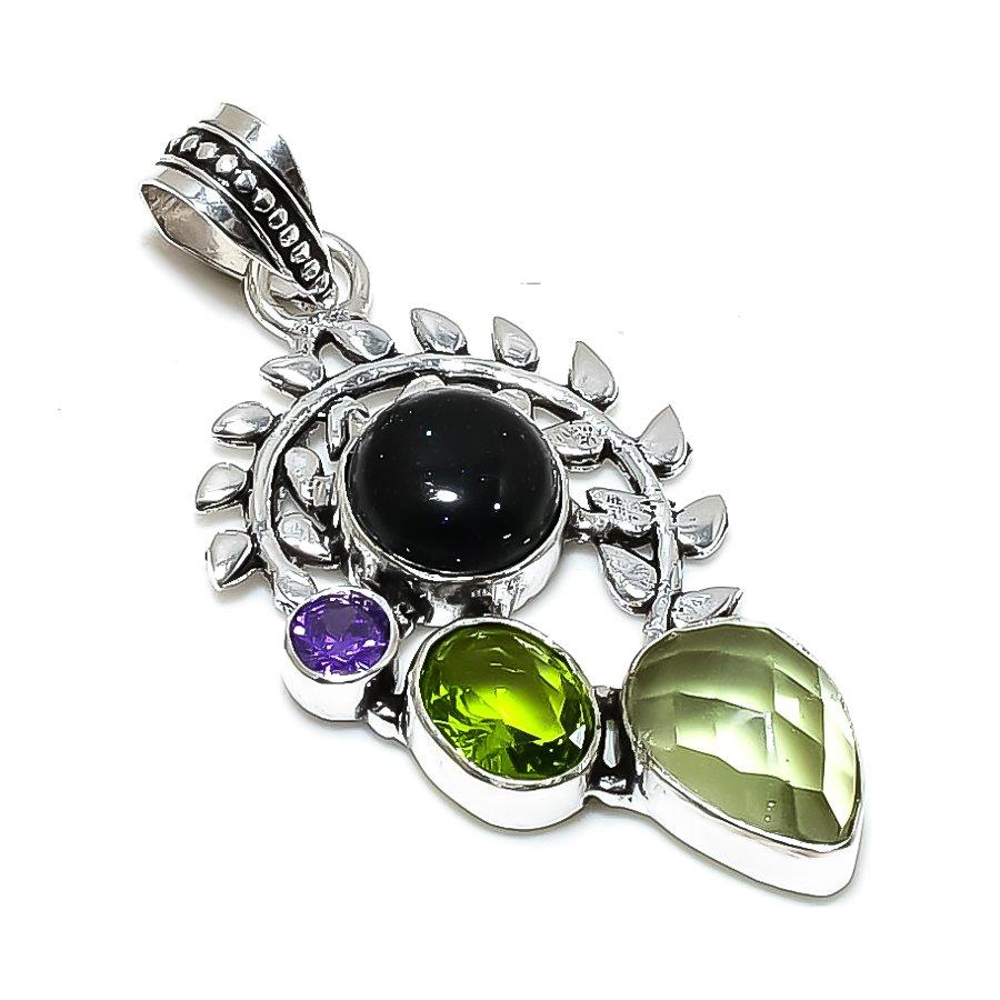 Black Sunstone Gemstone Handmade 925 Steling Silver Jewelry Pendant 2.09" SU-9663