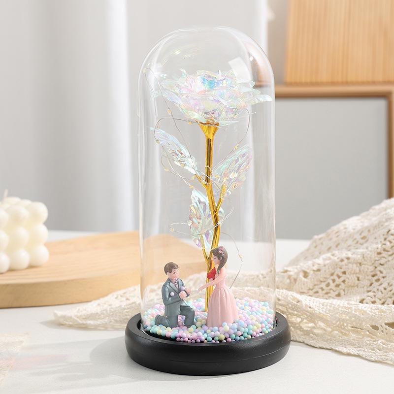 Ornamento de Luz Cúpula de Vidro Flor Rosa Folha de Ouro Feito à Mão - Caixa de Presente Dia dos Namorados