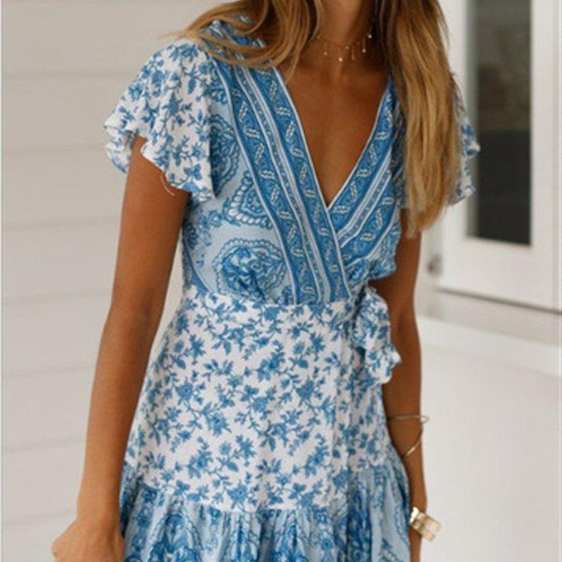 

Summer V-Neck Sexy Bohemian Dress Short Skirt Womens Sky Blue XXL