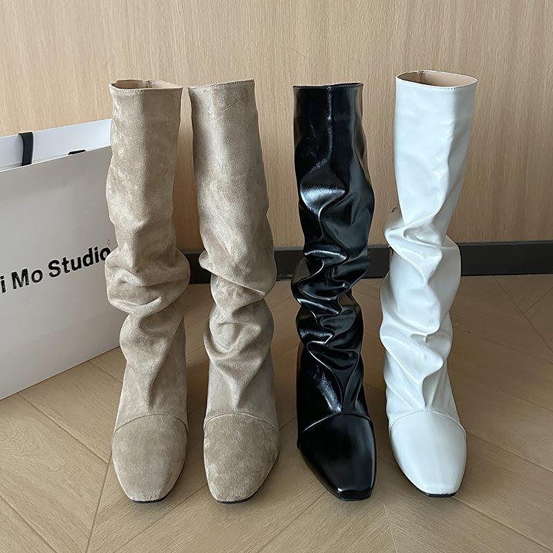 New khaki suede inner heightening boots, western knight boots modified legs, stacked high boots for women
