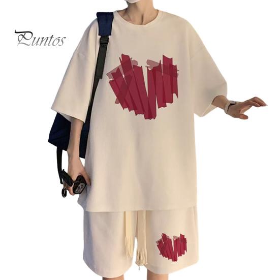 

2 шт./комплект мужской летний наряд круглый вырез короткий рукав топы широкие шорты комплект сердечный узор свободный крой спортивный костюм M белый