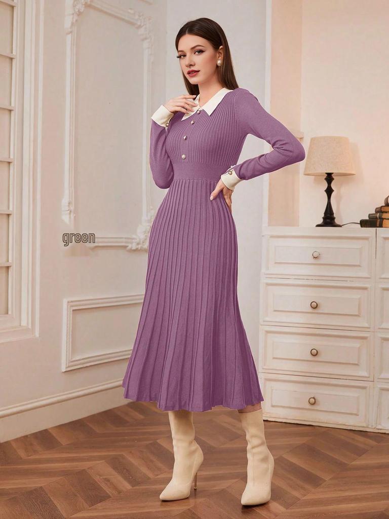 Shein French Long-Sleeve Midi Dress, Slim-Fit Knit, Figure-Flattering Women's Fashion