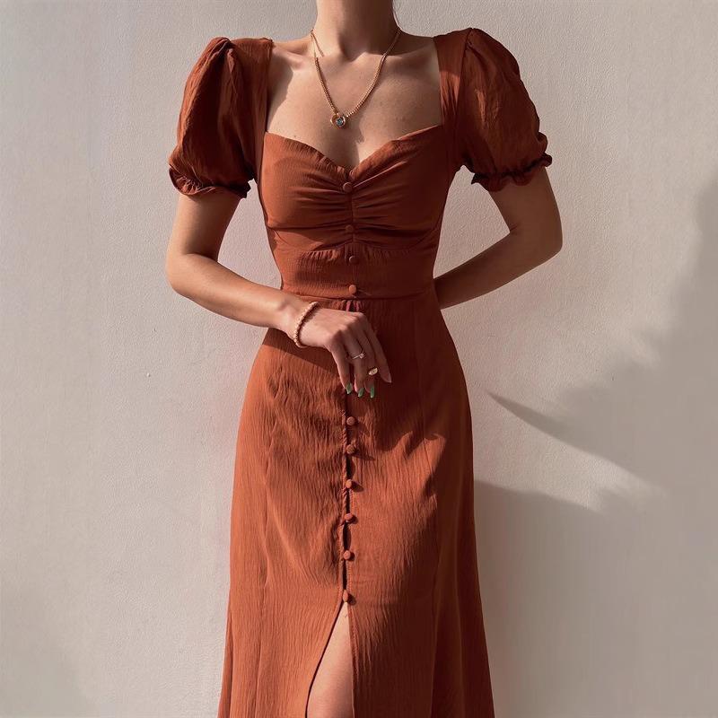 Women's Spring and Summer V-neck Single Breasted Temperament In The Long Dress