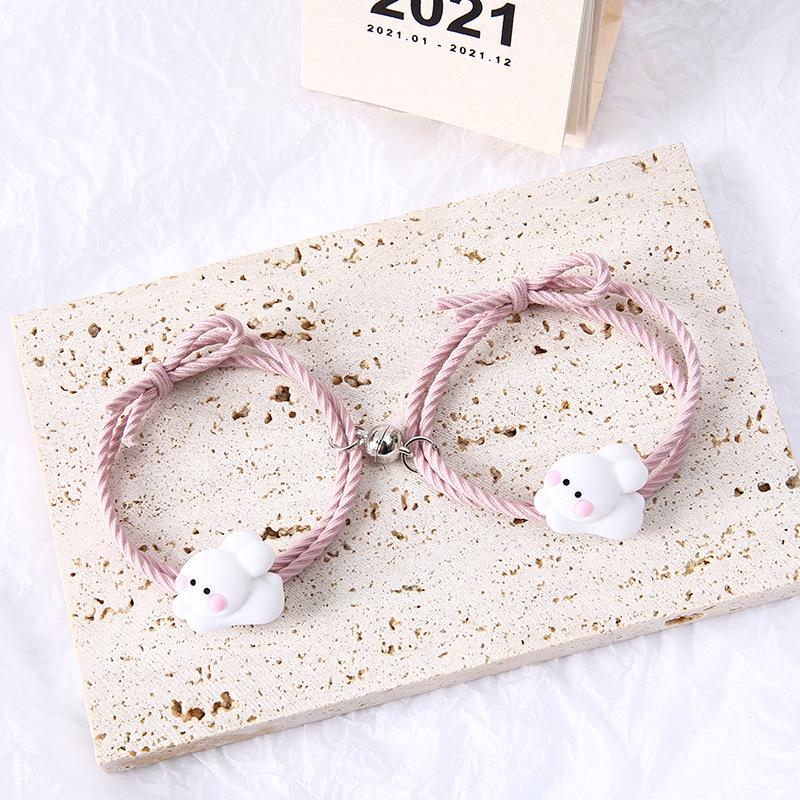 Charming Cartoon Teddy Bear Bracelet & Hair Tie Gift Set - Magnetic Couple Keepsake with Small Leather Case for Boyfriend or Best Friend