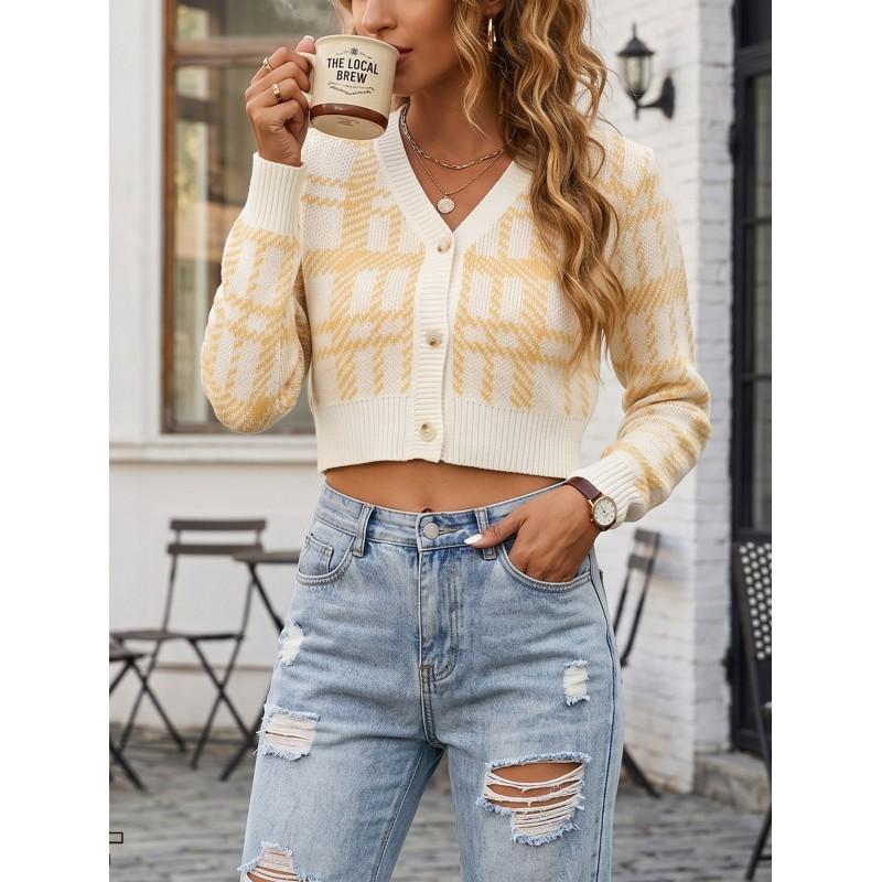 Womens Cropped Knit Cardigan Plaid Striped Streetwear V-Neck Long Sleeve Slim Fit Fall Winter Casual Top