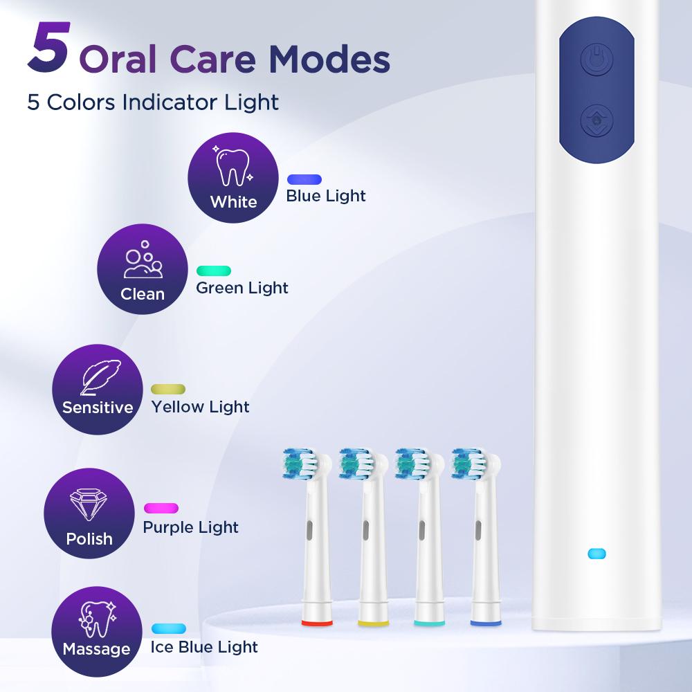 Rotating Electric Toothbrush for Adults 5 Cleaning Mode USB Rechargeable Sonic Toothbrush With 4pcs Replace Heads Smart Timer