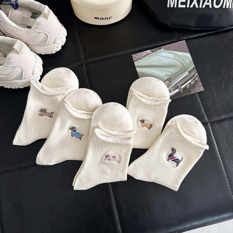 Spring and Summer White Socks with Cartoonish Cute Sausage Dog Embroidery, Rolled Cuffs Mid-calf Socks, Boneless Pile Socks, Postpartum Care Socks