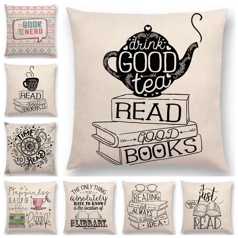 Tea Reading Books Pillow Case Home Decor Linen/cotton Cushion Cover Designer Pillow Cover for Sofa Bedroom Housse De Coussin