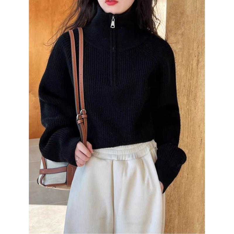 Fashion Autumn Winter Semi-turtleneck Zipper Women Knitted Sweater Long Sleeve Loose Short Tops New Solid Color Office Casual Simple Clothing