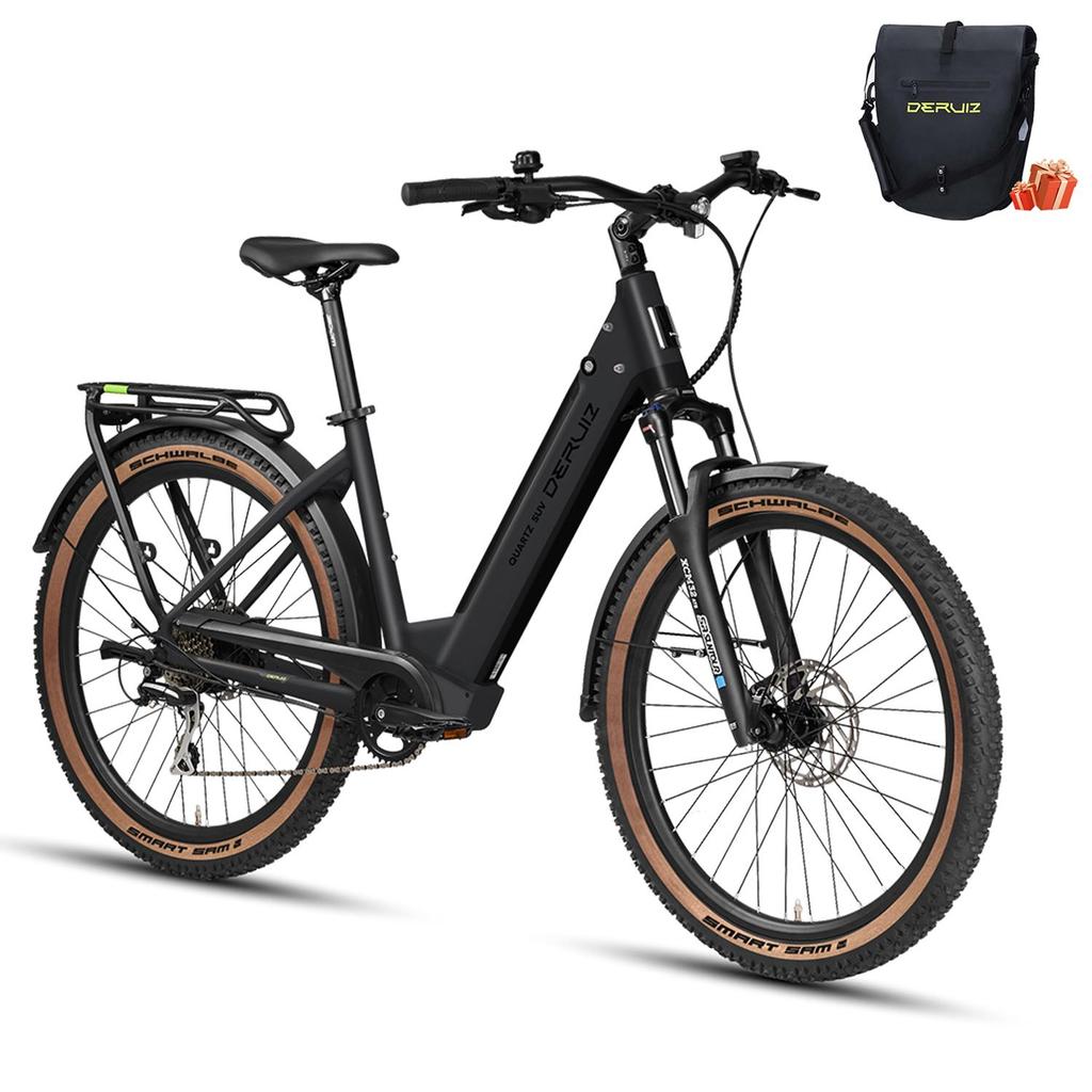 Bicicleta Elétrica DERUIZ Preta SUV 27.5" Bicicleta Elétrica MTB para Adultos, Motor 250W, Bateria 48v 13.4Ah, Freios a Disco Hidráulicos Até 161km