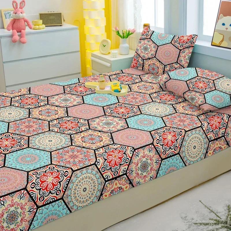 3dílná jednoduchá moderní bohémská vzorovaná matná třídílná sada prostěradel s gumičkou, ložnicová tištěná sada přehozu na postel, ložní prádlo