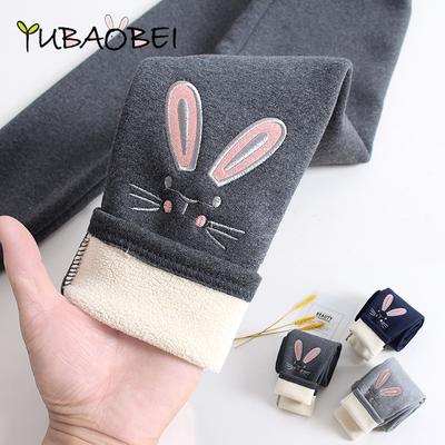 Girls Winter Cotton Plus Velvet Padded Leggings Children's Warm Pants, Cartoon Bunny Embroidery Baby Trousers