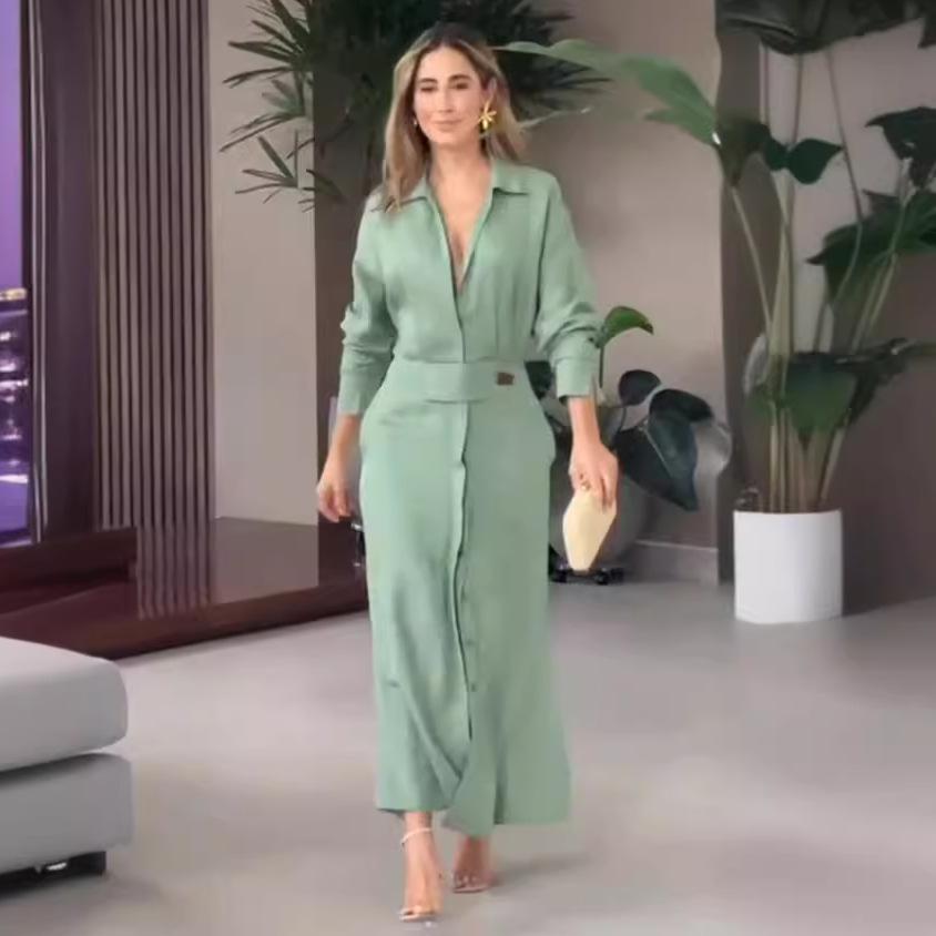 European  American Women's Blue Dress Elegant Temperament Spring Summer Commuter Long Sleeved