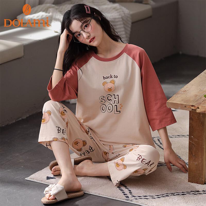 Duolamei Women s Pure Cotton 3/4 Sleeve Pajama Homewear Set XL абрикосовый