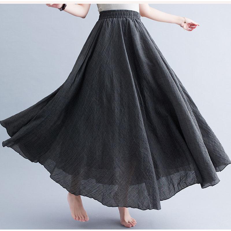 Literary Elastic Waist A-line Expansion Skirt Solid Color Ethnic Style Women Long Skirts