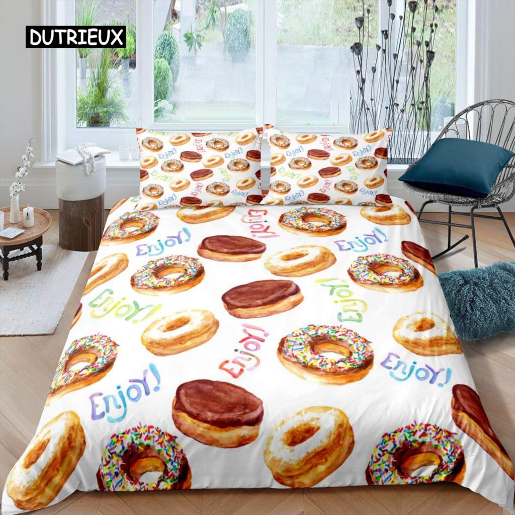 Donut Bettbezug-Set Dessert Lebensmittel Thema Bettdeckenbezug Bunter Druck 2/3-teilig Doppel Queen King Size Bettwäscheset für Kind Mädchen
