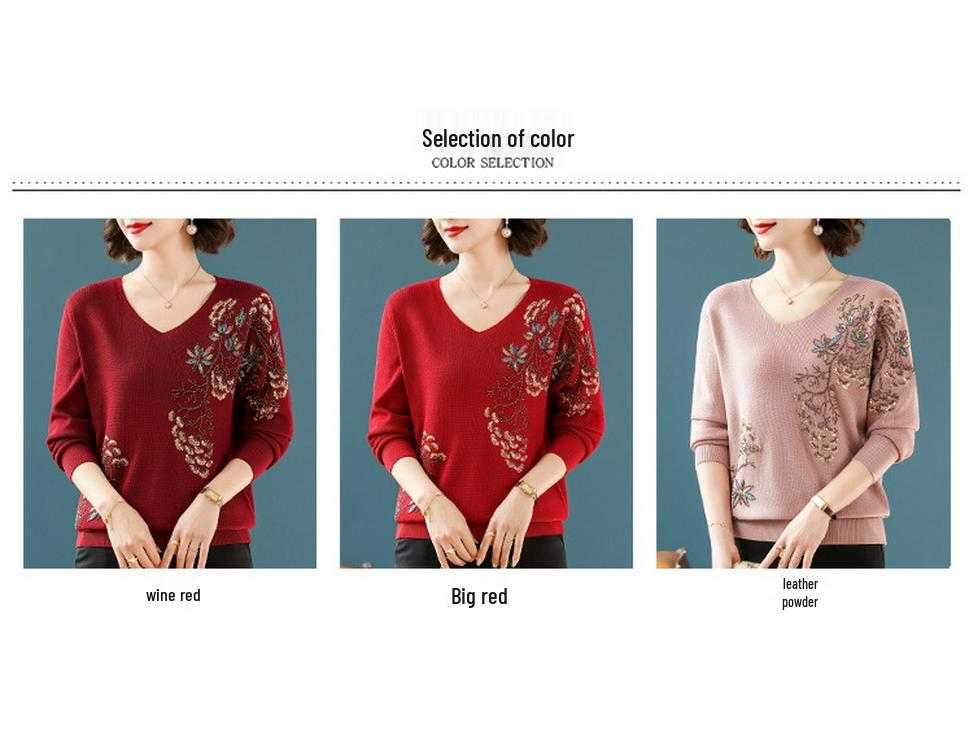 Happy Mother-in-law V-neck Red Knitwear with Handmade Sequin Embroidery - Slimming and Age-Reducing Top for Spring and Autumn