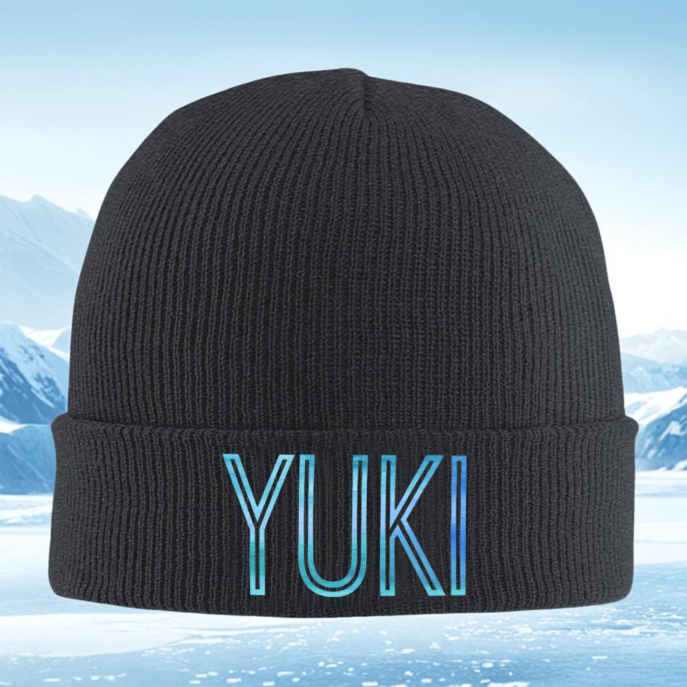 Blue letters typography on black background Men Women Unisex Knitted Hat Beanie Pullover Cap Winter Thermal Warm Christmas Outdo
