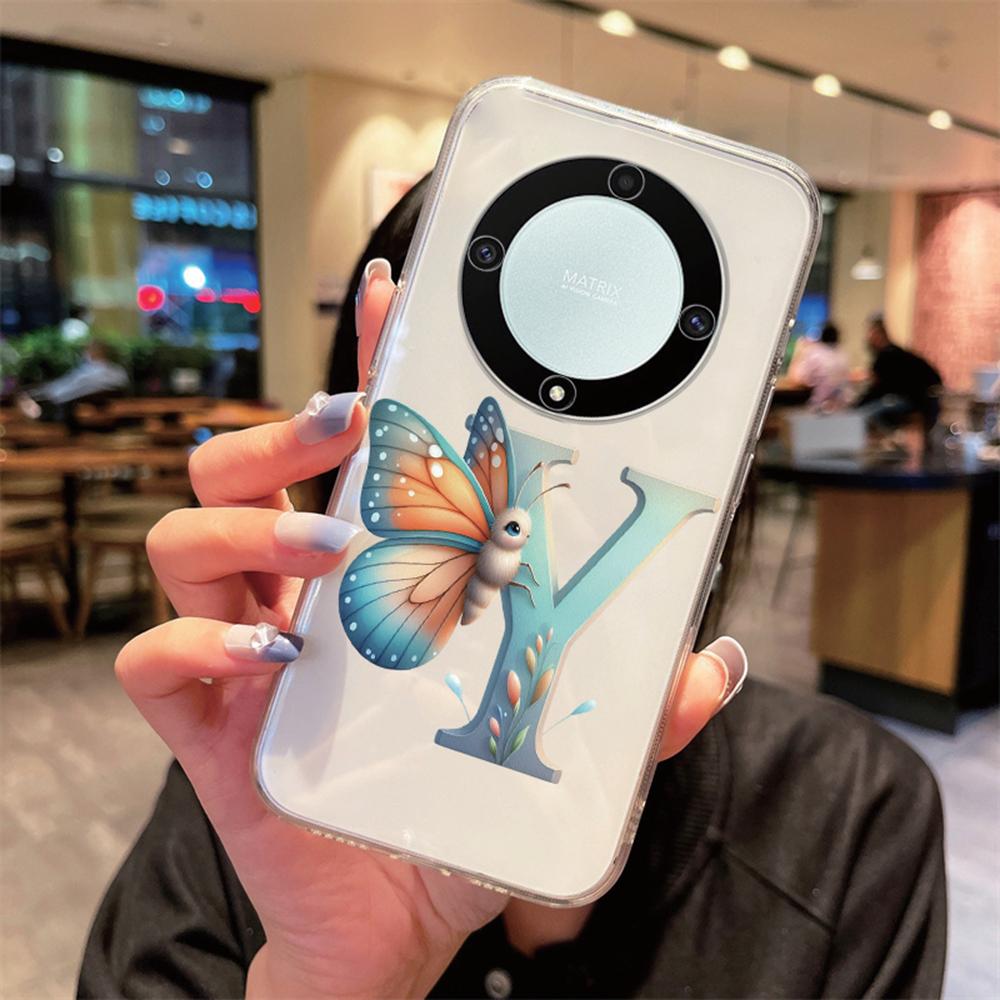 For Honor X9b X9a X9c Magic5 6 7 Lite Blue Butterfly Flower Letters A-Z Transparent Clear Women Phone Case Silicone Bumper Cover
