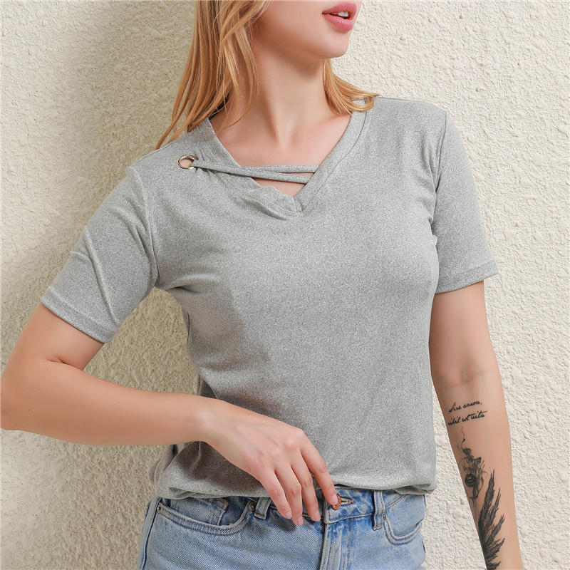 Women Summer Short-Sleeved V-Neck Top Loose Korean Style Casual Sexy T-Shirt