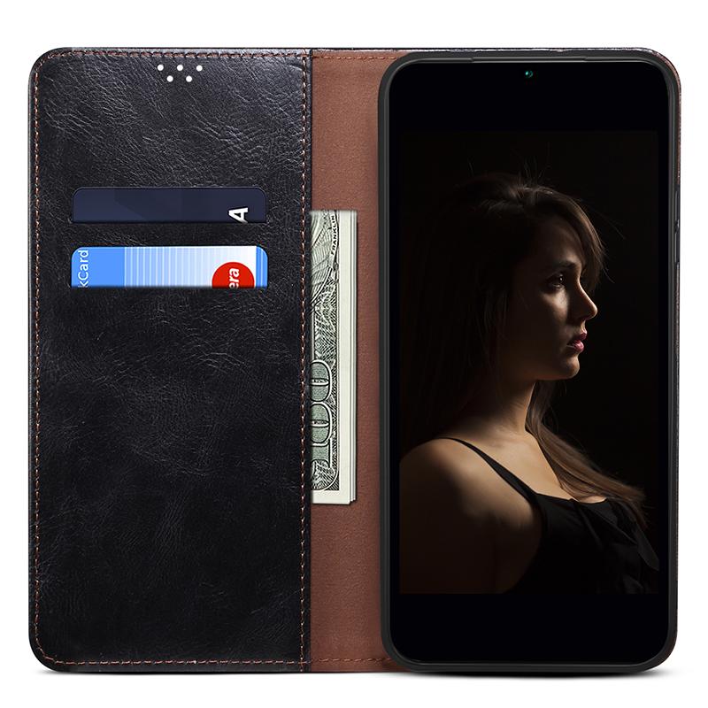 

For iPhone 15 Pro PU Leather Mobile Phone Case Waxy Crazy Horse Texture Phone Cover Stand Wallet Black