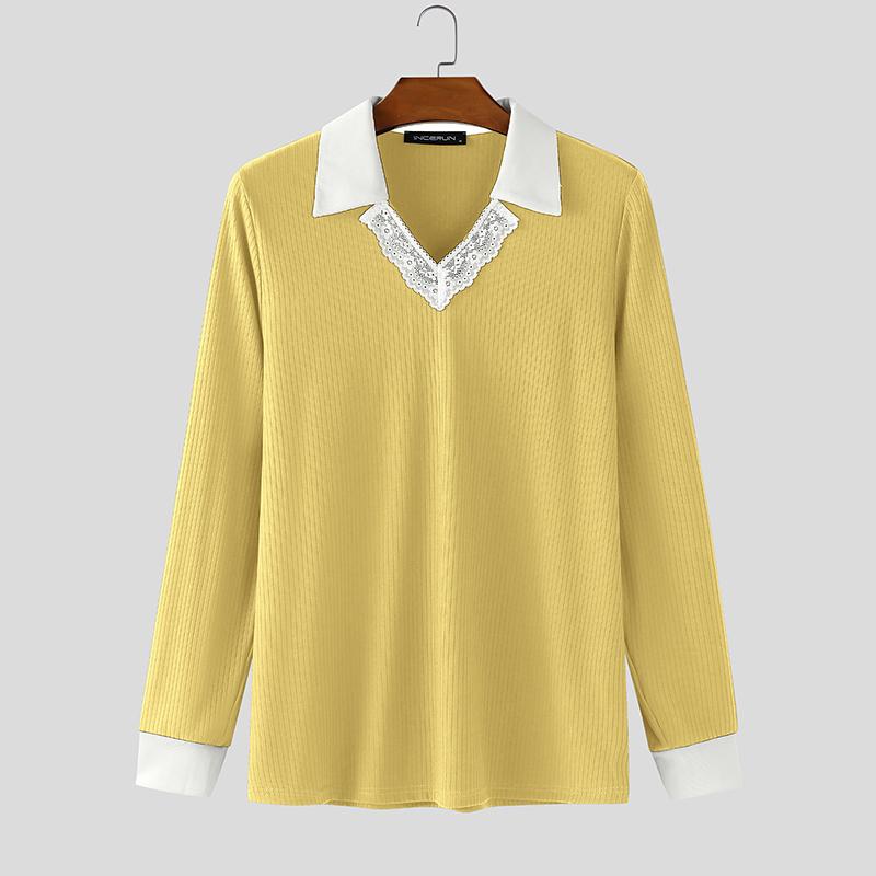 INCERUN Herbst Herren Spitze Revers V-Ausschnitt Langarm Rippstrick Casual Pullover Tops