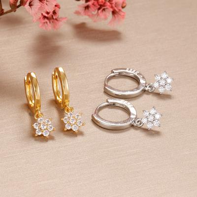Stainless Steel Crystal Zircon Flower Pendant Hoop Earrings Hypoallergenic Retro Small Fragrance Style Earring Statement Jewelry