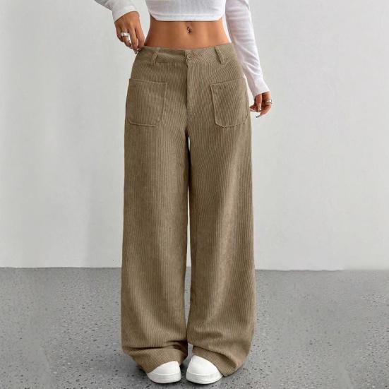 Women Pants Button Zipper Closure Straight Wide Leg Trousers with Pockets Solid Color Loose Fit Lounge Pants Daily Wear