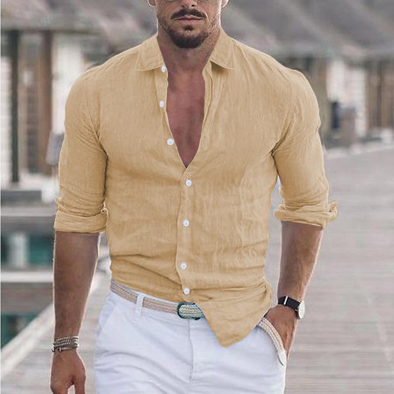 Fashion Men's Shirts Summer Cotton Linen Lapel Beach Shirt Long-sleeved Solid-coloured Shirts Casual Versatile Tops