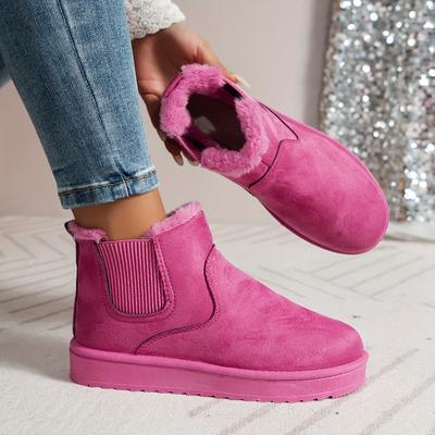 Kurze Stiefel für Damen in Volltonfarbe, lässige Slip-On-Stiefel mit Plüschfutter, bequeme Winterstiefel