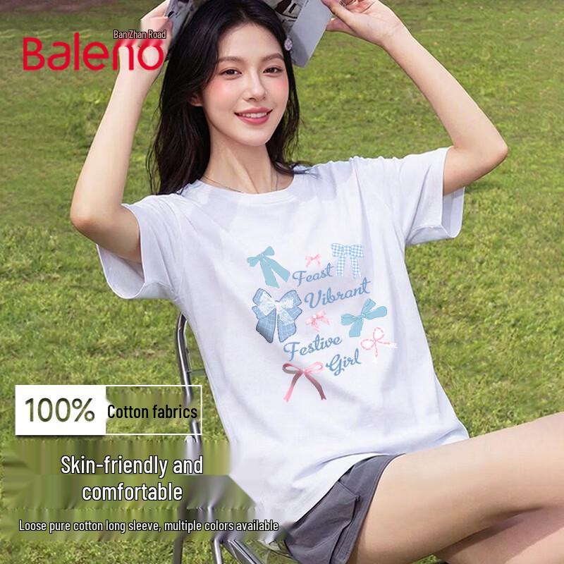 Baleno Women s 2026 Summer Pure Cotton Loose T-Shirt with Bow & English Patch 2XL