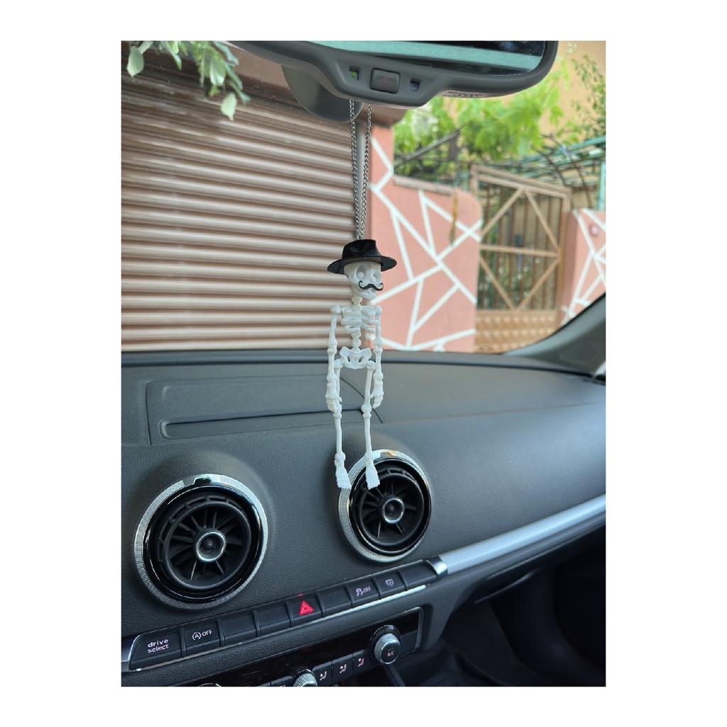 Szkielet z hiszpańskimi wąsami i dekoracją lusterka wstecznego w kapeluszu Fedora (linia Czarny Szkielet Biały)