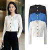 Autumn New Fashion Retro Lace Striped Splicing Gold Buckle Long-sleeved Short Knitted Cardigan Jacket