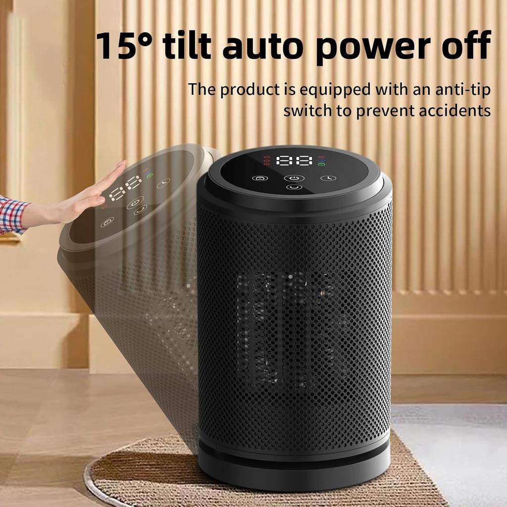 1500W Ceramic Space Heater with Thermostat, Remote, 12H Timer, 70° Oscillation - Portable Touchscreen Heater, Child Lock, Black