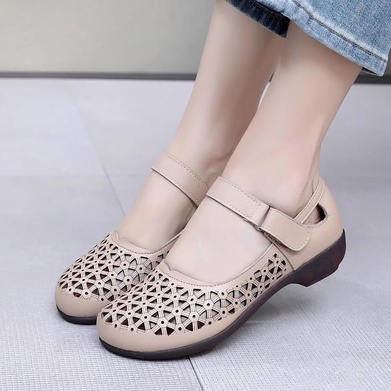 Fashion GKTINOO Genuine Leather Ladies Flats Summer Shoes Woman Plus Size Casual Loafers Hollow Round Toe Soft Comfort Sandals Female