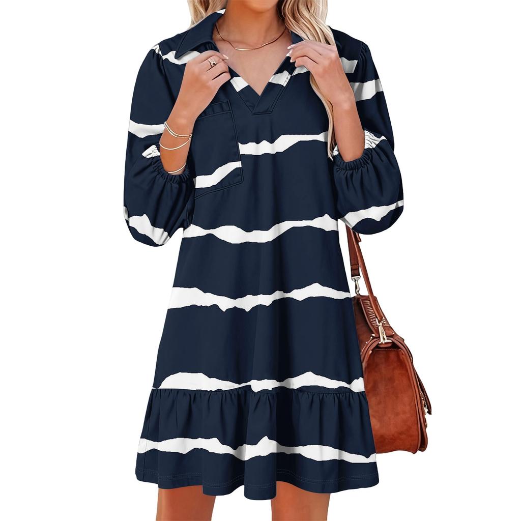 Damenmode Elegant Herbst Und Winter Langarm V-Ausschnitt Weihnachtsprint Kleid