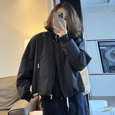 Trendy Women Cotton Coat Vintage Baseball Jacket Autumn Winter Fashion Zip Pocket Design Outerwear