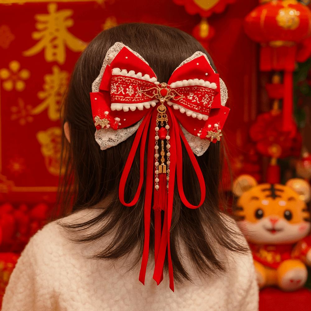 Tassel New Year Hairpin Red Hanfu Hair Ornamen Chinese Style Bow Ribbon Hair Clip Home
