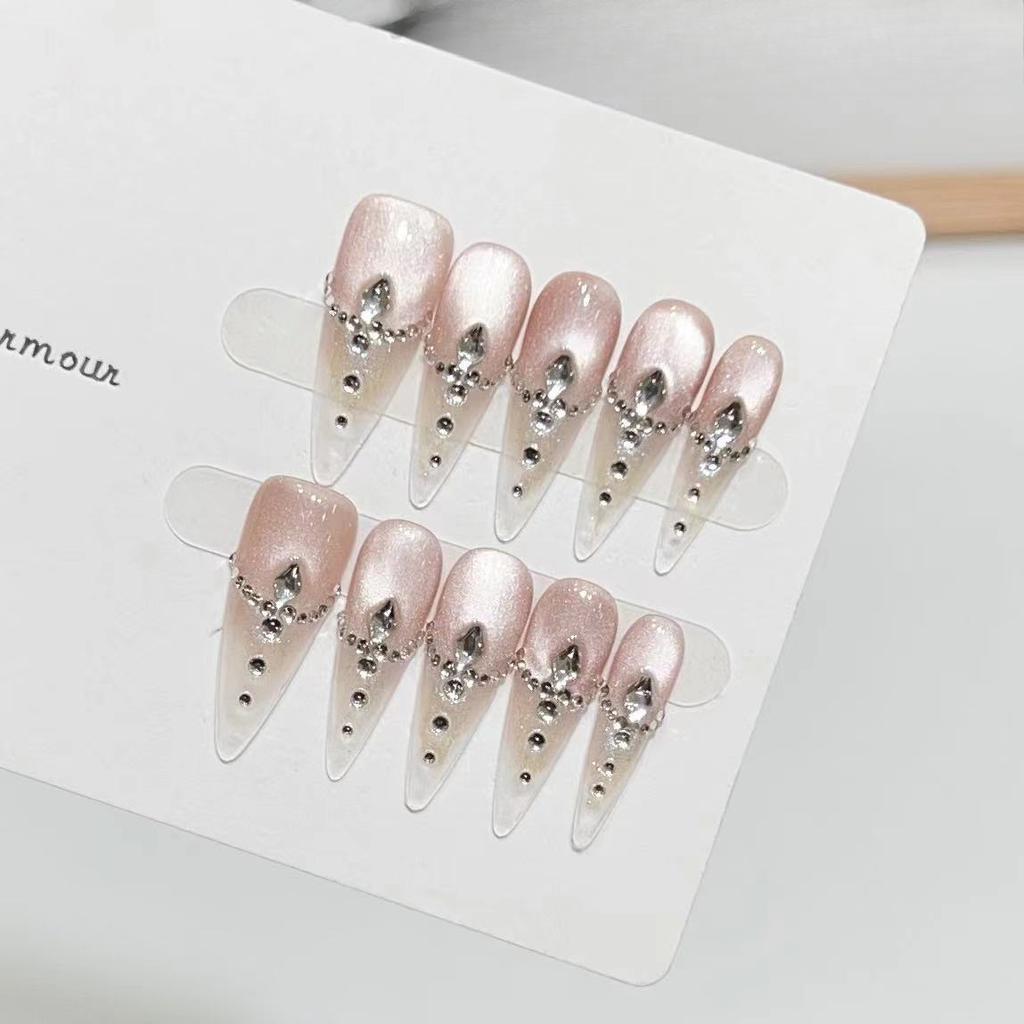 Pure Hand-woven Armor with High-end Atmosphere and Icy Nude Color Cat-eye French Temperament Goddess Detachable Manicure Finished Product