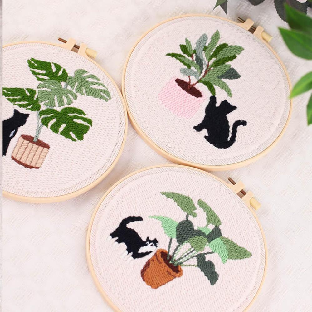 Cartoon Cat & Green Plant - Embroidery Starter Kits with Embroidery Hoops, Punch Needle Fabric with Pattern, Punch Needle Kit for Craft Lovers