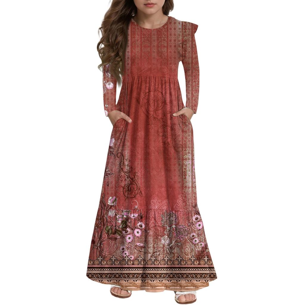 Girls' Tiered Ruffle Dress - Long Sleeve Printed Maxi With Pockets