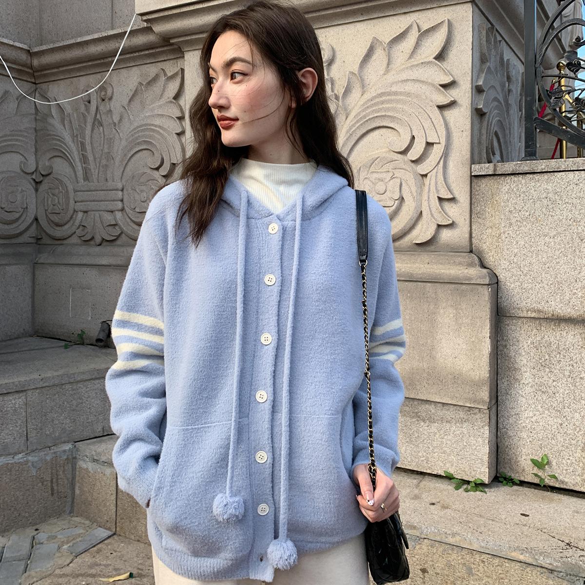 

DIMANAF 2025 Весна Женские Полосатые Новые Свитера Вязаные Базовые Модные Стиль О-образный вырез Свободный Пуловер Свитер One Size синий