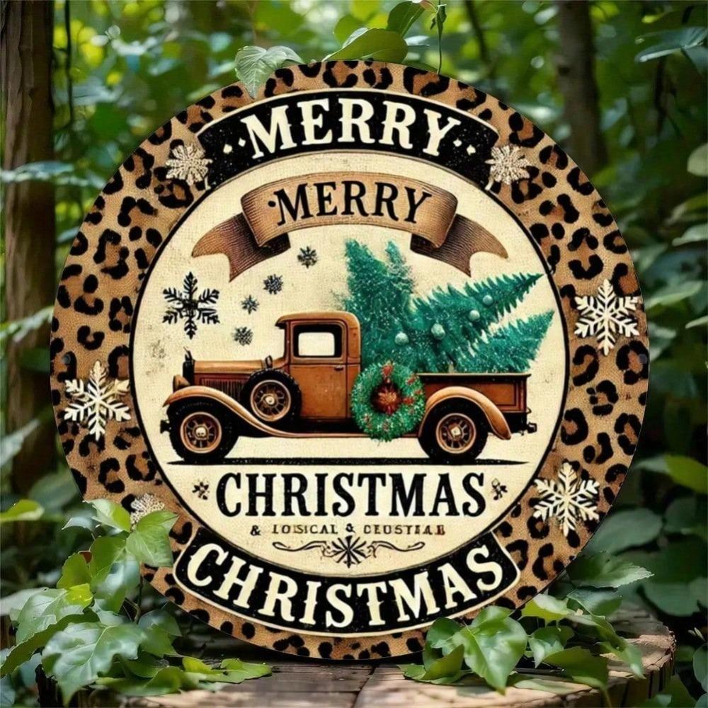 Landhausstil Runde Metallblechschild 8x8 Zoll Weihnachts-Kranz Leopard LKW Wand Tür Haus Bar Dekor