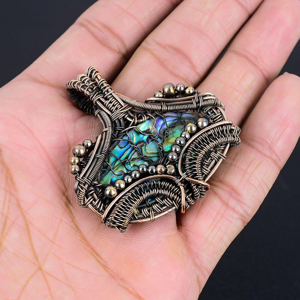Abalone Shell 999 Copper Wire Wrapped Pendant, Handmade Gemstone Pendant Jewelry, Gifts For Wife Brand New Pendant