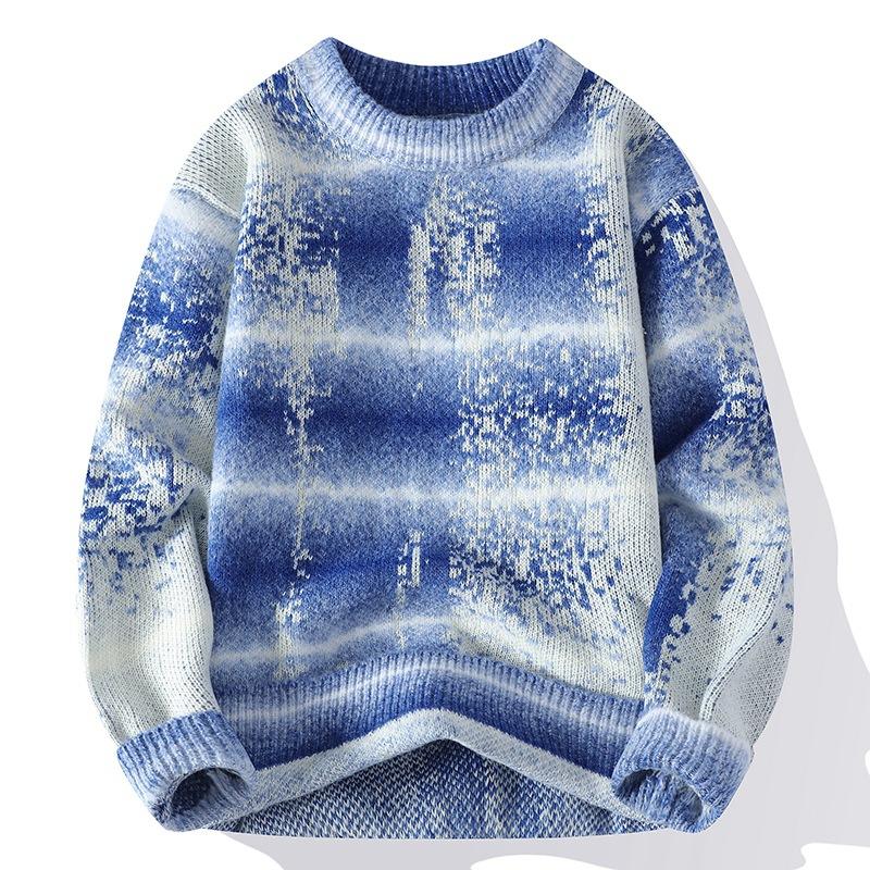 New Thickened Semi-turtleneck Knitted Sweater Striped Trendy Men's Gradual Change of Color Warm Sweater