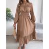 Autumn and Winter Casual Elegant Solid Color Round Neck Long Sleeved Waist Cinched Lotus Leaf Edge Dress Women Clothing