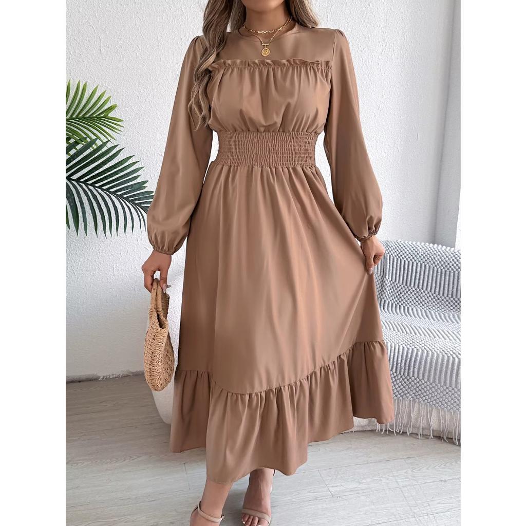 Autumn and Winter Casual Elegant Solid Color Round Neck Long Sleeved Waist Cinched Lotus Leaf Edge Dress Women Clothing