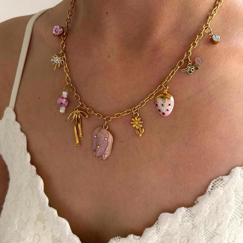 Fashionable Multi Pendant Bowknot Necklace For Women Stainless Steel Neckchain Elegant Rhinestones Jewelry Multicolor